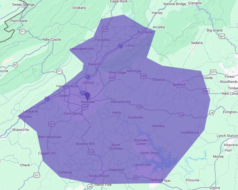 highlighted area of the zip codes serviced